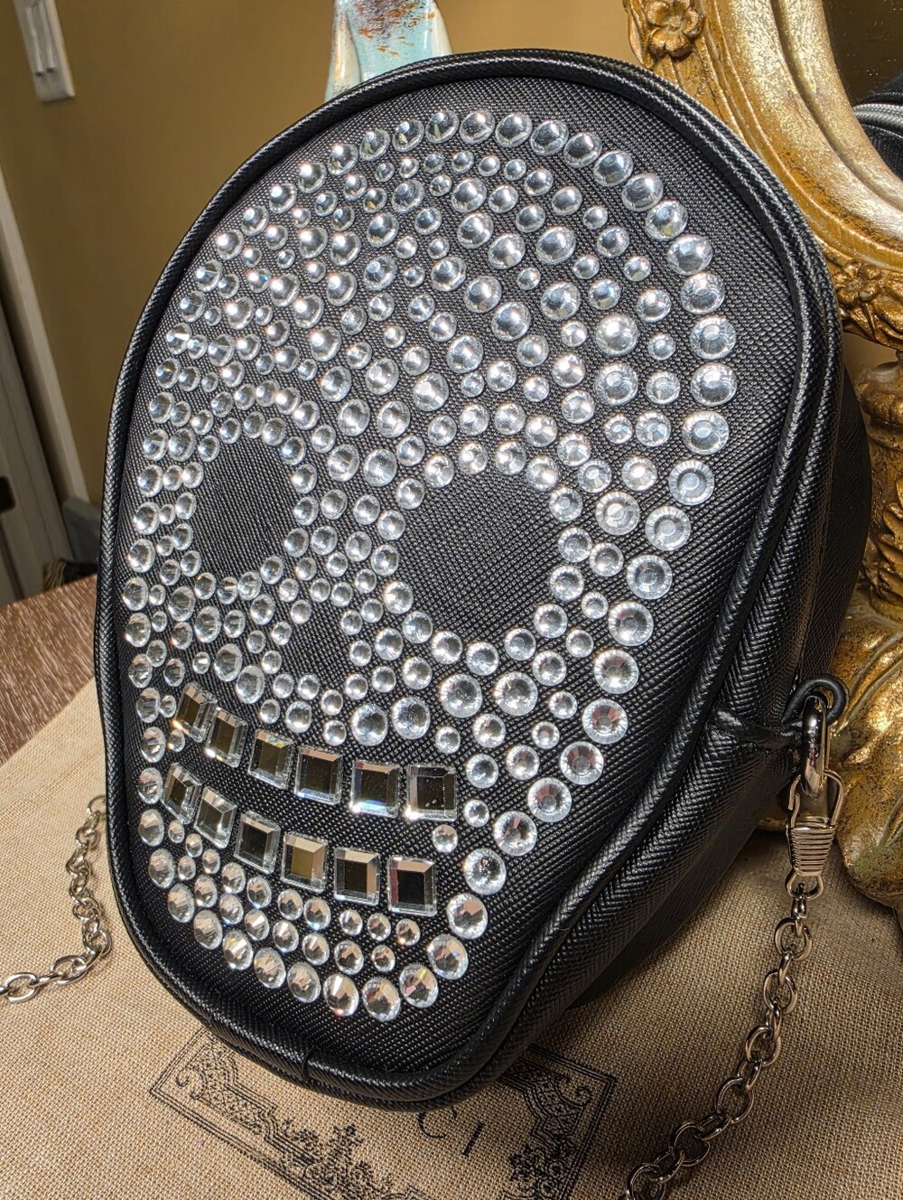 Black Mirror & Crystal Studded Skull Crossbody Bag - Picture 3 of 6